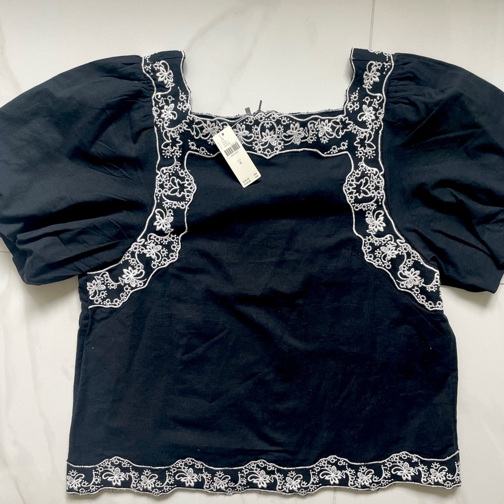 Anthropologie Black Embroidered Puff Sleeve Top NWT